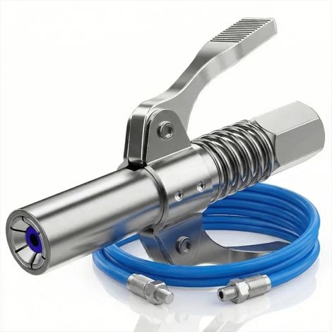 1 PCS Grease Gun Fitting, Grease Pump Nozzle with Double Handle, Compatible with All Types of 1/8" NPT Grease Pumps, Leak-Proof Stainless Steel Fitting, Hose Included