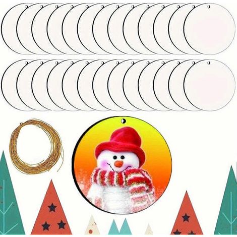 Kit de 25 décorations de Noël à suspendre par sublimation, à faire soi-même : planche ronde en bois imprimée à chaud avec corde dorée (1/5)