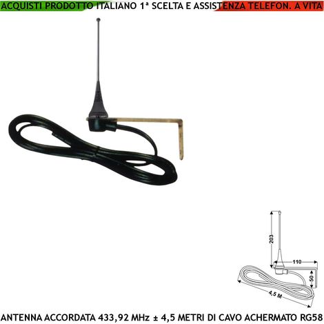 Antenna Accordata Esterna Frequenza 433 MHz Con 4,5 Metri di Cavo Schermato RG58 Adatta Per Automatismi e Comandi Radio Staffa in Acciaio Con Fori di Fissaggio a Parete o Colonna Protezione IP44 (1/4)