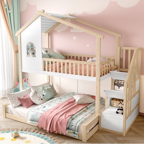 Etagenbett 90/200 + 140/200 cm Natur/Weiß aus Kiefernholz mit Stauraumleiter und Hausdesign (1/5)