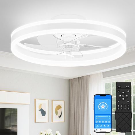 Ventilateur de plafond avec éclairage et télécommande, 6 niveaux de vent et intensité variable, plafonnier moderne avec ventilateur, LED silencieux, pour chambre à coucher, salon(blanc,49.5cm (1/5)