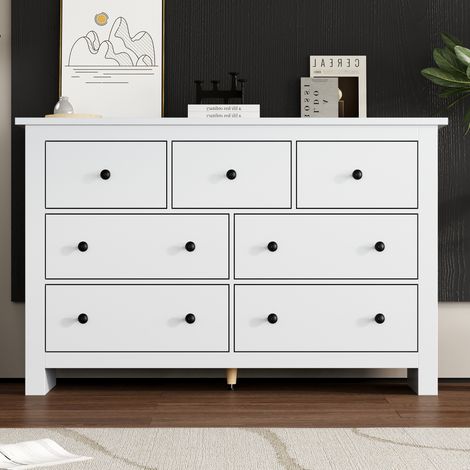 Buffet 152x40x89 cm blanc en panneaux de particules avec 7 tiroirs et pied central réglable (1/5)
