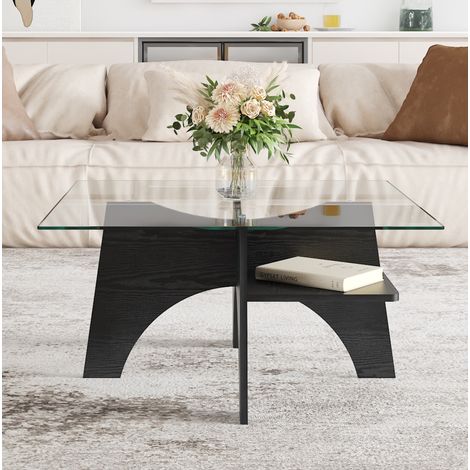 Table basse carrée 80 cm verre et MDF noir HAVRYA (1/5)