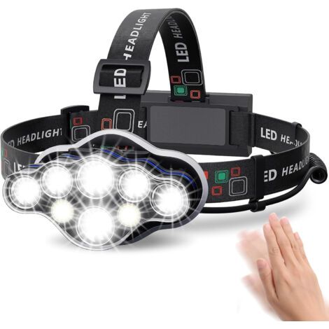 Lampe Frontale,Torche Frontale 18000 Lumens 8 LED 8 Modes d'éclairage,Lampe Frontale LED Ultra Puissante Rechargeable USB 90° Réglable Étanche et Léger Pour Pêche,Camping,Lecture,Randonnée [Classe éne (1/4)