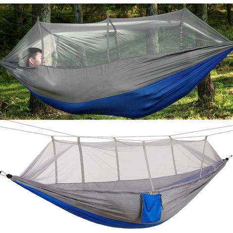 Hamac de voyage portable pour le camping, lit suspendu avec moustiquaire (gris-bleu) (1/5)