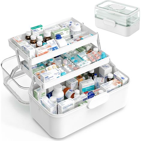 Scatola medicinali Relaxdays, 3 livelli, scomparto pillole apribile, plastica, 17x28,5x15,5 cm, bianca