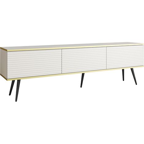 Meuble TV Avec Lamelles Blanc, pieds Noir, 175 × 30 × 52 cm, Push to Open (1/5)