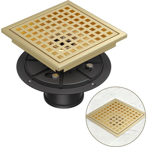 Bonde de sol carrée pour douche, en acier inoxydable 304, 4 pouces, finition or brossé, avec récupérateur de cheveux.-AquaForge (1/5)