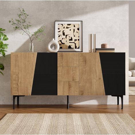 Buffet 4 portes et 3 tiroirs en bois clair et noir, avec pieds en métal, étagères réglables et système anti-basculement, 160 x 40 x 80 cm, rangement salon ou salle à manger CHICFURN (1/5)