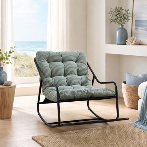 Poltrona a dondolo da esterno con cuscino spesso, struttura in acciaio, verde chiaro OKMYHOME (1/5)