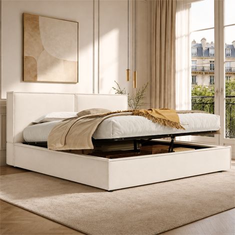 Cama tapizada, cama doble, 180 x 200 cm, somier de láminas, cabecero tapizado, lino beige. (1/5)