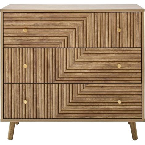 Calicosy – Commode enfant 3 tiroirs – Façades lamellées – Largeur 40 cm x Longueur 80 cm x Hauteur 75 cm – 4 pieds bois décoratifs