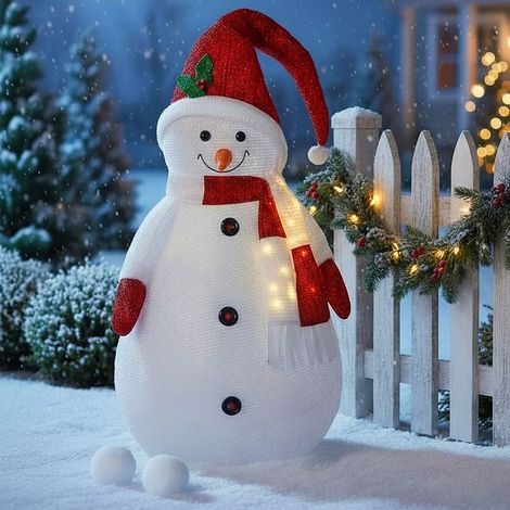 XXL Stoff Schneemann beleuchtet - 140 cm / 20 LED - Garten Deko Figur mit Timer Funktion Batterie betrieben