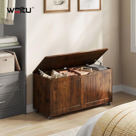 WOLTU Cassapanca Pouf Panca Ruote e 2 Cerniere di Sicurezza Contenitore da Interno Panca Fondo letto per Soggiorno,Marrone Rustico (1/5)