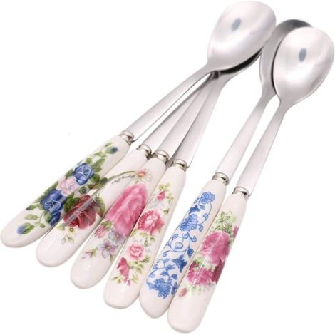 Paquete de 6 cucharas de café de acero inoxidable con mango de cerámica, cucharilla de té, cuchara de azúcar, cuchara de helado (1/5)