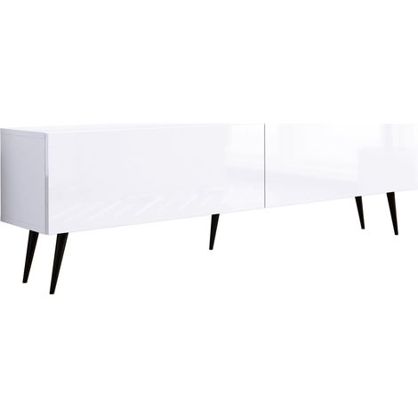 Meuble TV : Blanc Mat / Blanc Brillant, pieds noires, 170 × 52 × 32 cm (1/5)