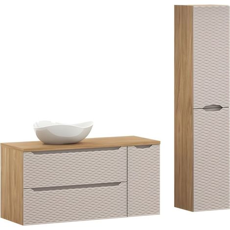 Badezimmer-Set YOKA beige: Waschtischunterschrank 120 cm + Waschtischplatte + Aufsatzwaschbecken + Aufbewahrungssäule