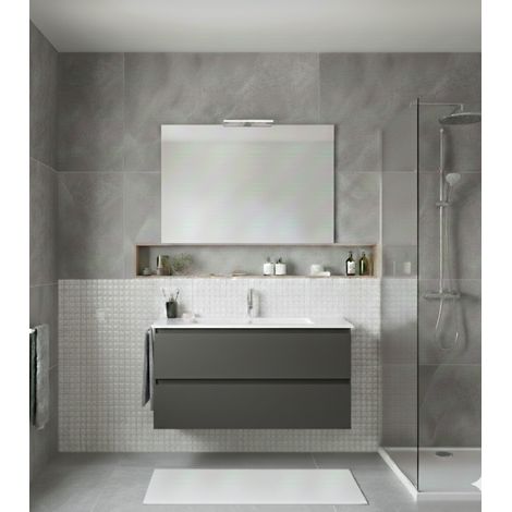 Ensemble Meuble de salle de bain LOKI Livré Monté 2 tiroirs avec pieds, lavabo et miroir Graphite 50x40 cm (1/2)