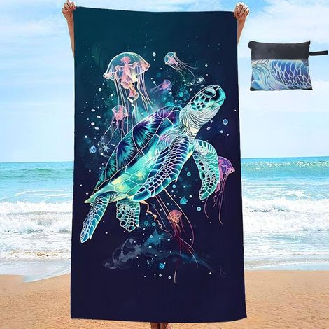(Tortue 180X90)Serviette Plage XXL avec Sac 90x180 Serviette de Bain Microfibre Tortues de Mer Méduses Séchage Rapide, Couverture Absorbante