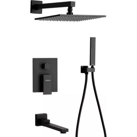 Sistema de ducha empotrado Conjunto de ducha negro Columna de ducha empotrada con cabezal de ducha de 25x25cm Ducha de mano, Mezclador de ducha cascada Tecnología avanzada de inyección de aire Montaje (1/5)