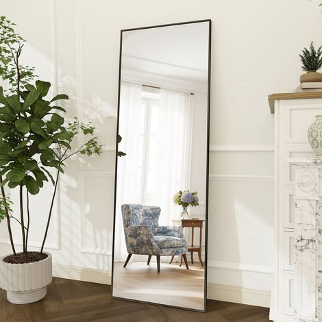 Miroir sur pied, Verre sécurité définition avec film incassable, l.77 x H.177 cm, cadre métal, peut être suspendu, miroir sur pied rectangulaire, noir (1/5)