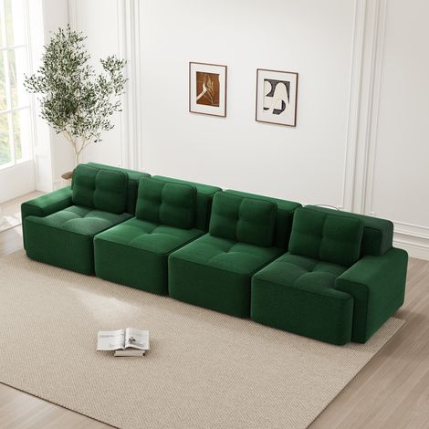 Sofá recto de pana, 4 plazas, para salón o dormitorio, asiento profundo, diseño moderno, base antideslizante - 382×104×69 cm, verde (1/5)