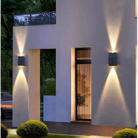 Applique murale solaire d'extérieur haut et bas, éclairage solaire de chemin, luminaire extérieur pour garage, porte d'entrée, couloir, porche, bureau, enceinte de piscine, jardin (noir lumière chaude (1/4)