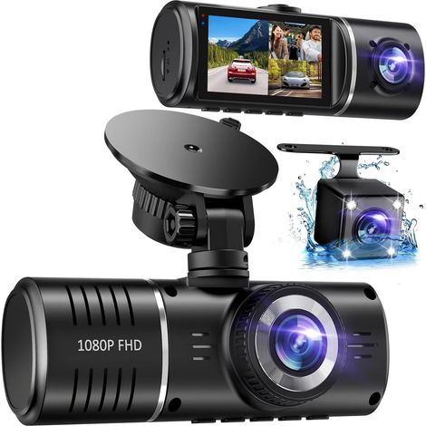 Dash Cam Front and Rear, 1080P Dash Camera for Cars, 3 Channel Car Camera Front Rear and Inside with 32GB Card, Loop Recording, Night Vision, HDR, 24Hr Parking, G-Sensor (1/5)