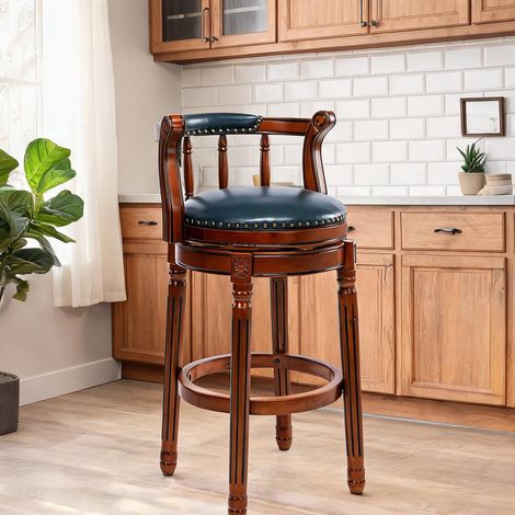 Tabouret de bar bleu en cuir et bois à assise pivotante (1/5)