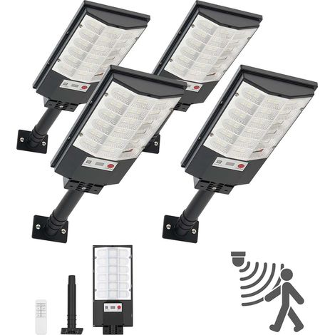 Lampadaire Solaire Extérieur 500 W Projecteur LED Solaire 50000 lm pour Jardin Cour Garage, avec Détecteur de Mouvement et Télécommande, Éclairage du Crépuscule à l'Aube, Étanche IP65, Lot de 4