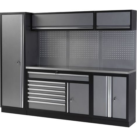 Conjunto de taller modular de 4 módulos con base fija y superficie de acero inoxidable ALYCO