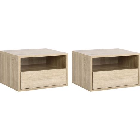 Lot de 2 Tables de Chevet murales - Lot de 2 Tables de Nuit - tiroir Coulissant, Niche, Plateau - Panneaux Particules Aspect chêne Clair (1/5)