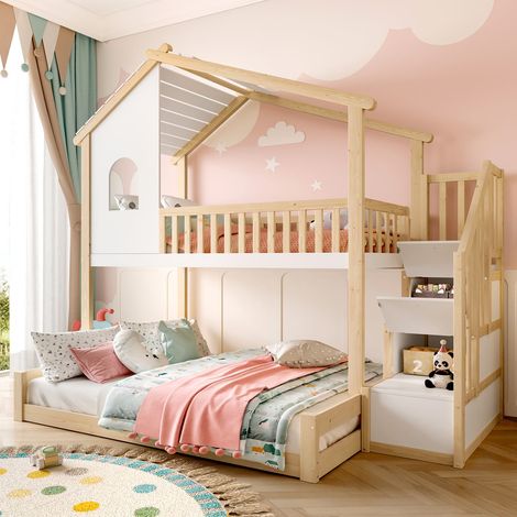 Lit superposé cabane 90x200 et 140x200 cm bois naturel et blanc avec escalier rangement (1/5)
