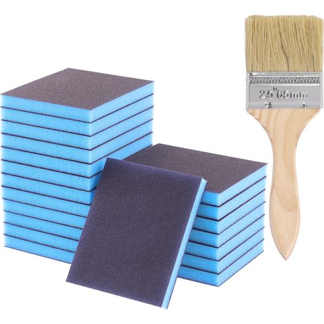 Le kit de 21 éponges de ponçage grain 120 comprend 20 blocs de ponçage réutilisables et lavables de 120 x 100 x 12 mm avec 1 pinceau pour bois, métal, peinture et cloison sèche (1/5)