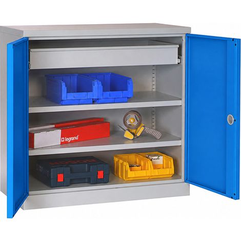 Armoire de rangement acier bleue - 1 tiroir et 2 étagères charge 150kg/niveau - Dim. 1000x1000x500mm - W030090031-GCBI (1/5)