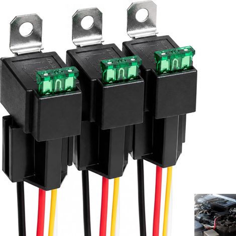 3 Relais Automobile 12v Avec Fusible 30a,Faisceau De Câbles 12 Awg,Relais éLectrique Spst 4 Broches Avec Diode Intégrée,Fusible Relais Voiture Camion,Support Fusible Ato/Atc Pour Voiture (1/5)