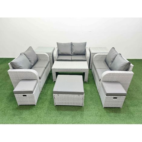 Fimous 9 Seater PE Wicker Rattan Furniture Sofa Sets with Oblong Coffee Table 2 Seater Love Sofa 3 Stool 2 Side Table Light Grey (1/4)