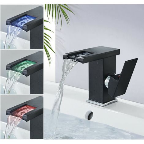 Moderne Badezimmerarmatur im Wasserfall-Design, Waschtischarmatur, schwarz, LED-Beleuchtung