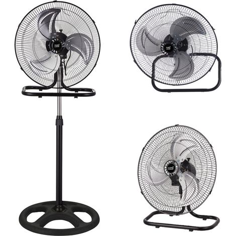 Fabrilamp – Ventilateur sur pied 3 en 1 oscillant – 70W – 3 vitesses – Hauteur réglable 100-130cm – Pales en aluminium – Design noir et argent