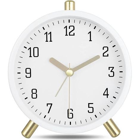 Réveil analogique silencieux moderne en métal blanc, veilleuse décorative simple, idéal table de chevet chambre. (1/5)