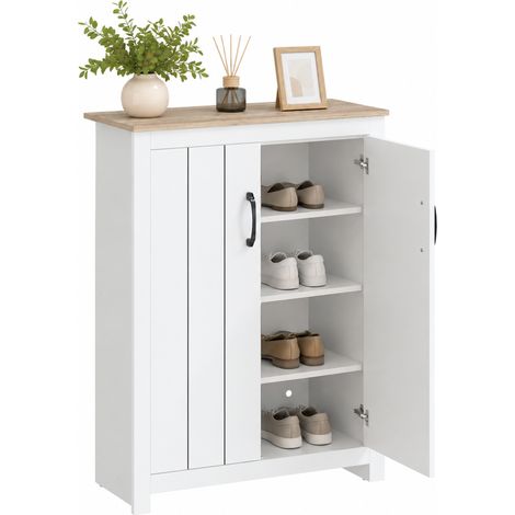 Schuhschrank mit 4 Ebenen für 12 Paar Schuhe, 2 Türen und verstellbare Einlegeböden, 80 x 32,8 x 105 cm, Eiche und Weiß (1/5)