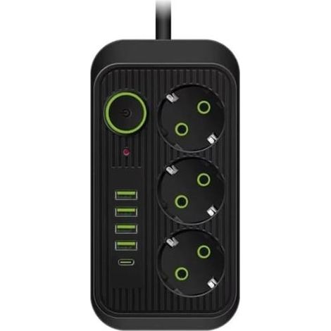 Multiprise 3 Prises, 4 Ports USB + 1 USB-C, Multiprise avec Interrupteur, Câble 2m, Parafoudre et Surtension, 2500W (Noir) (1/5)