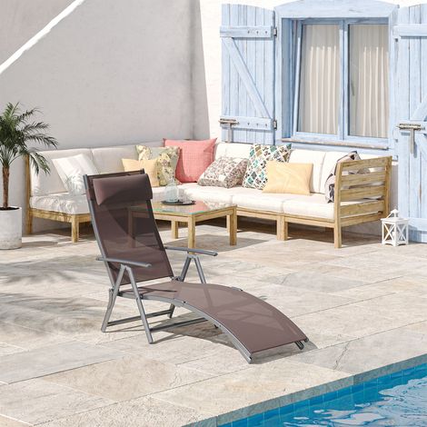 Tumbona plegable de jardín con cojín, respaldo reclinable en 7 posiciones, 137 x 63,5 x 100,5 cm, marrón.