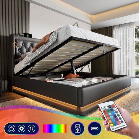 Lit double capitonné 140200 cm, revêtement en PU noir, sommier coffre hydraulique, tête de lit rembourrée avec port USB Type-C, éclairage LED 3 faces (matelas non inclus) (1/5)