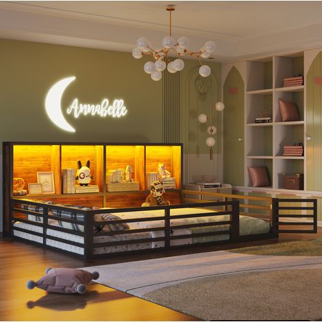 Letto 140x200 cm con sponde di sicurezza e comodino con vano portaoggetti, nero, senza materasso (1/5)