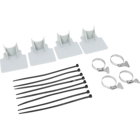 Set mit 4 Poolschlauchhalterungen, Kabelbindern, Edelstahl-Schlauchschellen, grau. (1/5)