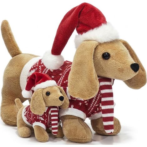 Famiglia Cane Bassotto mamma e figlio Natalizio Morbido ALTI cm 34 & 20 con vestito rosso Cappello di Babbo Natale  Sciarpa  e Maglioncino Pupazzo Peluche Decorativo per Casa,Feste idee regalo (1/5)