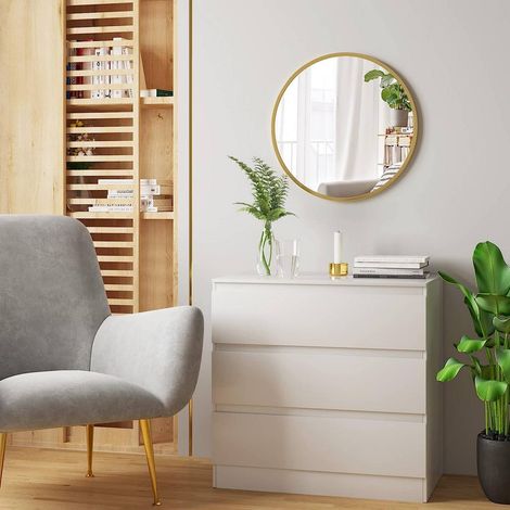 WOLTU Spiegel rund mit Goldrahmen, runder Wandspiegel φ 60 cm, moderner Hängespiegel für Badezimmer Schlafzimmer Wohnzimmer Flur, dekorativer Schminkspiegel aus Glas Metall MDF Haken (1/4)