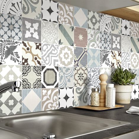 Sticker Mural Carrelage adhésif Cuisine Salle de Bain - 24 STICKERS CARREAUX DE CIMENT AUTHENTIQUES CARDO - 24stickers40x40cm (1/5)