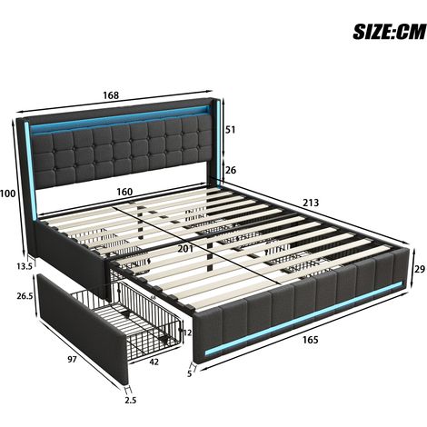 Linge de lit double, 160 x 200 cm, gris foncé, rabats de lit, tête et pied de lit avec éclairage LED, 4 tiroirs en fer, tête de lit avec port de chargement USB (1/5)